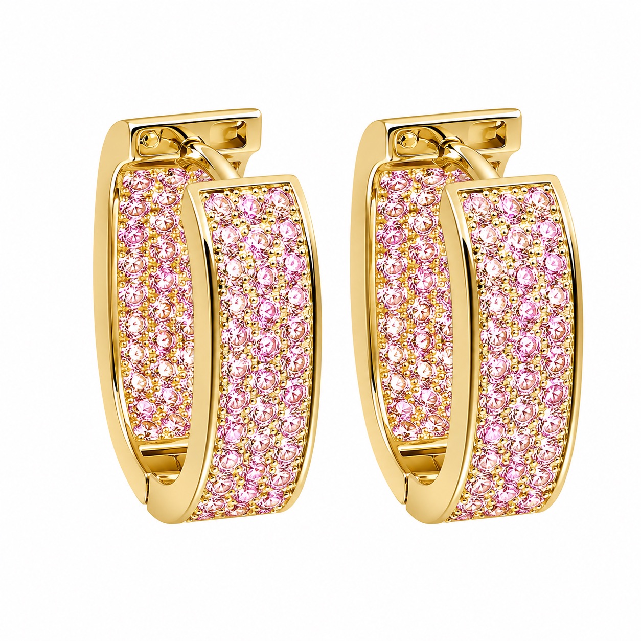 Pink Pavé Huggie Hoops — Gold